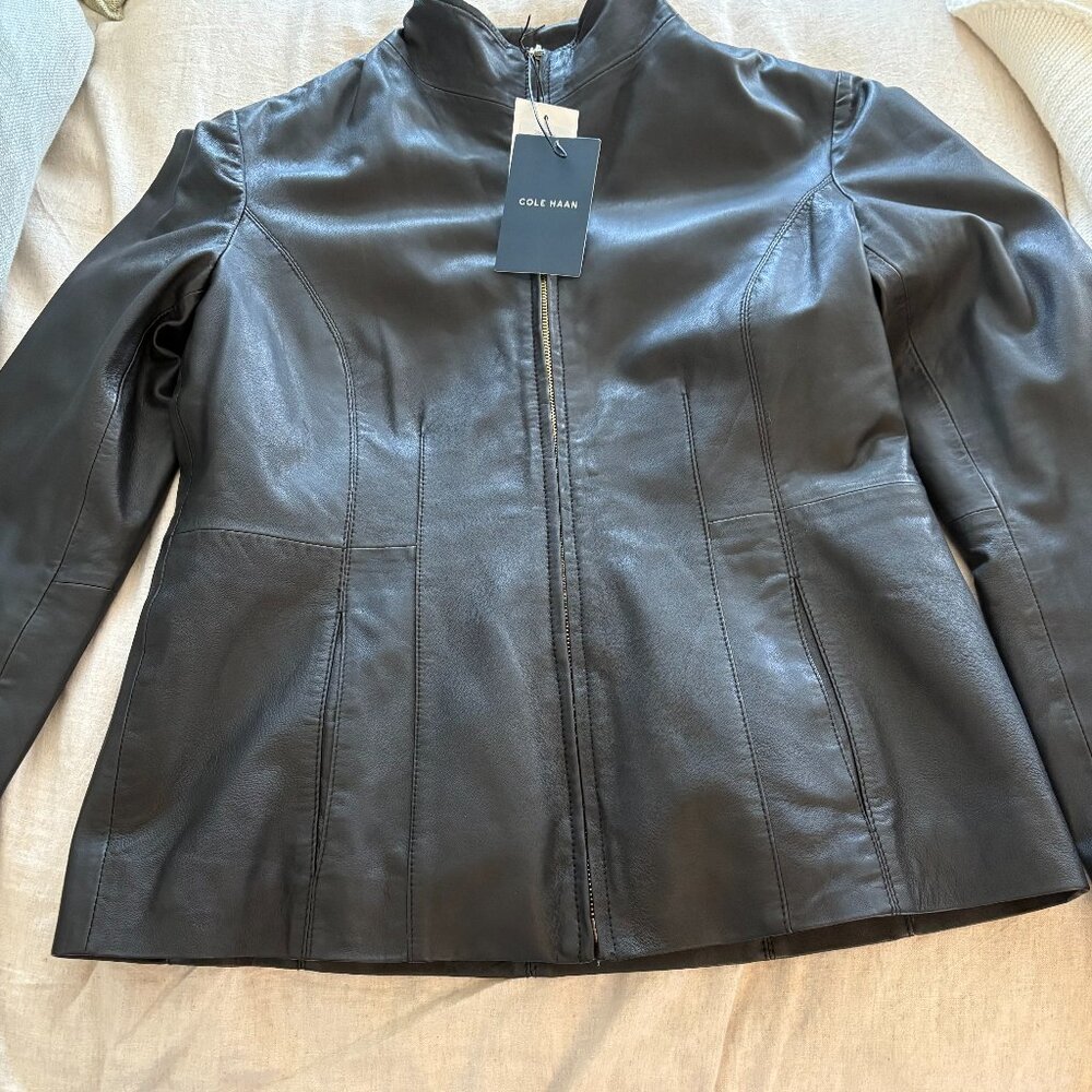 Cole Haan Black Wing Collar Leather Jacket NWT